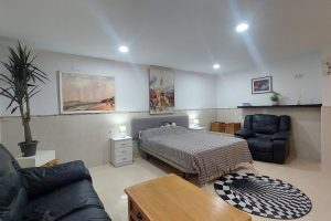 double bedroom in basement with windows